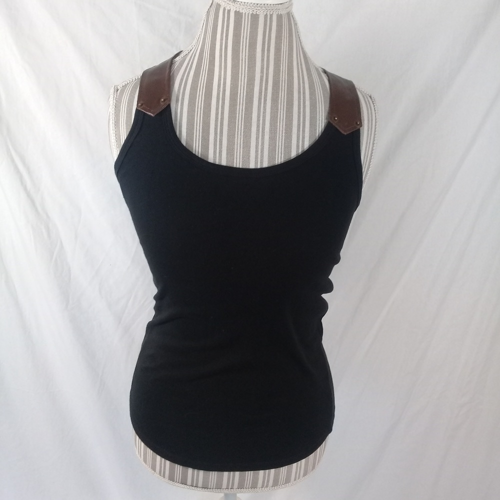 New!Black tank with faux leather straps M/L